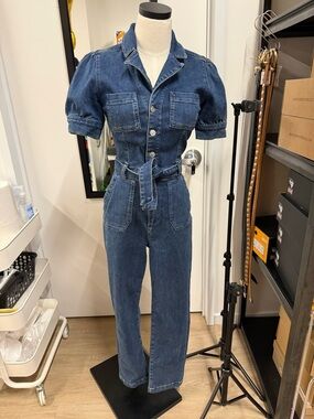 PAIGE Dark Blue Denim Straight-Leg Jumpsuit with Self Tie